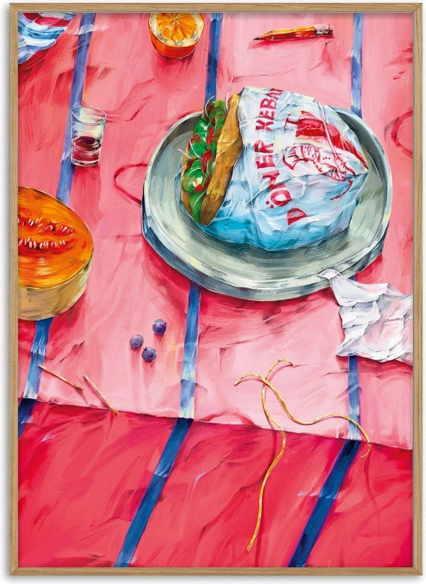 Doner Kebab Picnic by Natascha Baumgärtner – doner kebab, melon and orange on a striped pink tablecloth