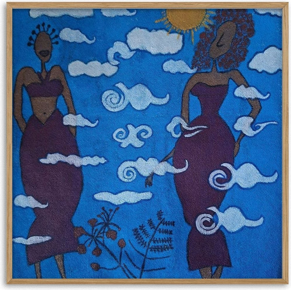 Dream girls by Naïve Art by YLR - two women in purple dresses under curling clouds on a blue sky