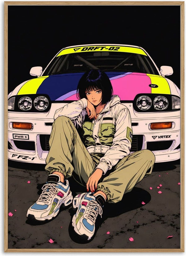 Drift Division by Melancholy Machinations - an anime girl sitting in front of a striped white race car