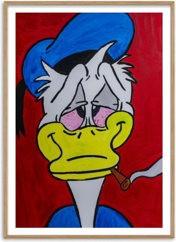 Duck in Dystopia by Bibi - a worn-out Donald Duck with a blunt against flat crimson