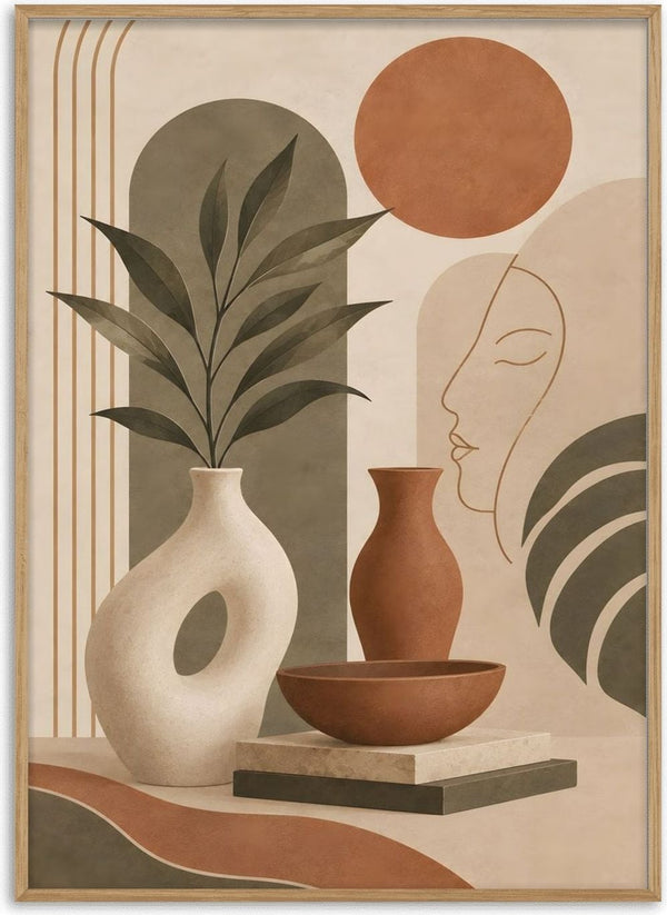 Earth Tone Abstract Still Life by TimlessArtworks - vases and a line-drawn face under a rust disc