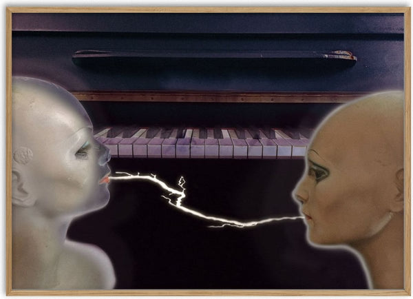 Electric Piano by Pelecan Schneider - two mannequin heads facing across a piano keyboard with a spark of light between them