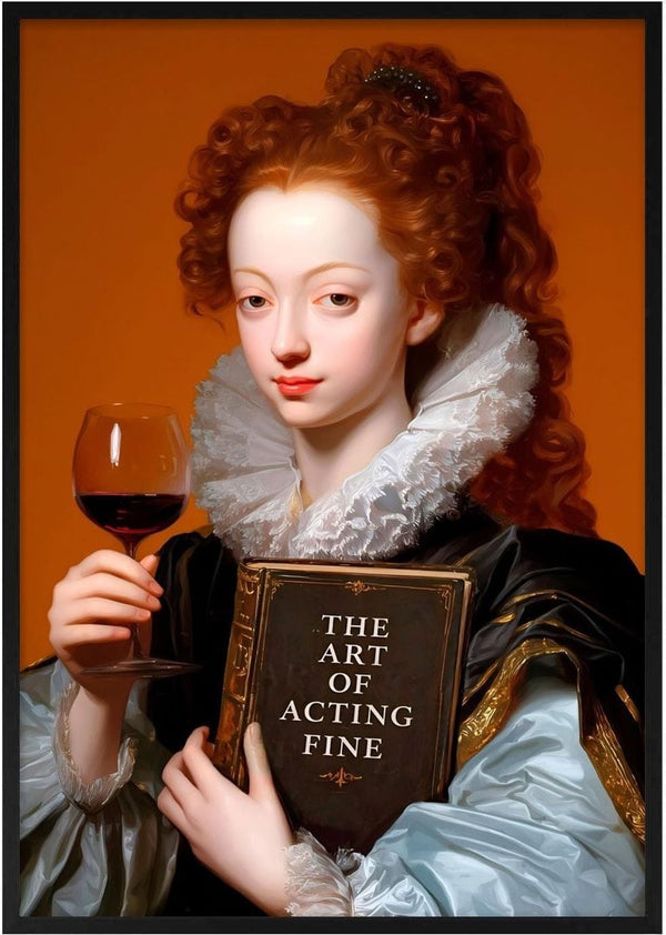 Emotional Control by Dikhotomy - Baroque portrait of a red-haired woman holding wine and a book titled The Art of Acting Fine