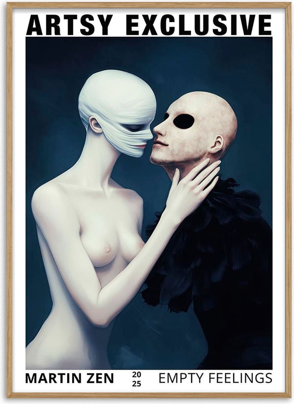 Surreal art of two masked figures embracing; cover of "Empty Feelings" by Martin Zen, Artsy Exclusive edition.