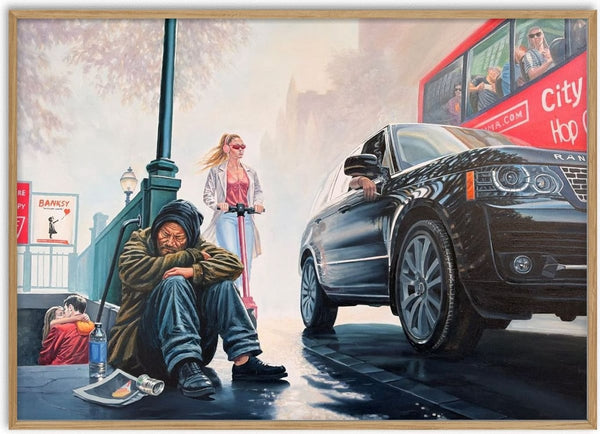 En solig dag i storstaden – Ur serien ”Osynliga människor” by Ramz Gadzh - a homeless man on the pavement as a Range Rover and a tour bus pass
