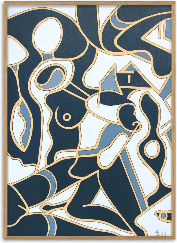 Erotica by Andreas Pohle - navy and steel blue shapes outlined in ochre with bodies emerging from the pattern