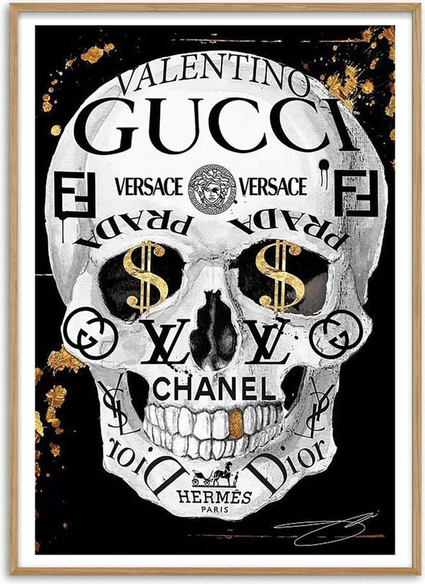 Artistic skull illustration featuring luxury fashion brand logos and gold accents, promoting Fashion Skull Plakat.