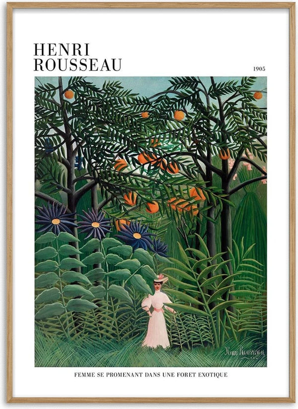 Woman in white dress walking in a lush, exotic forest; artwork by Henri Rousseau.