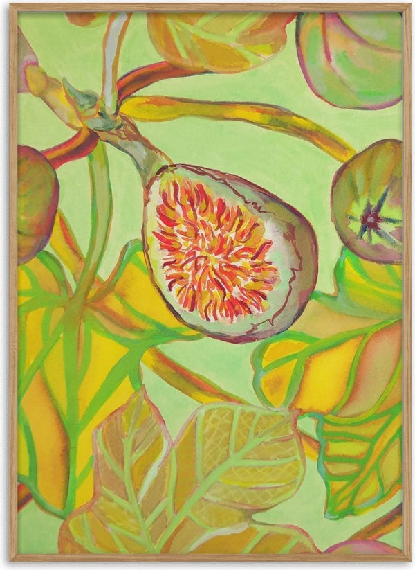 Fico porpora by Maria Emanuela Fiori - a halved fig among ochre leaves on a pale green ground