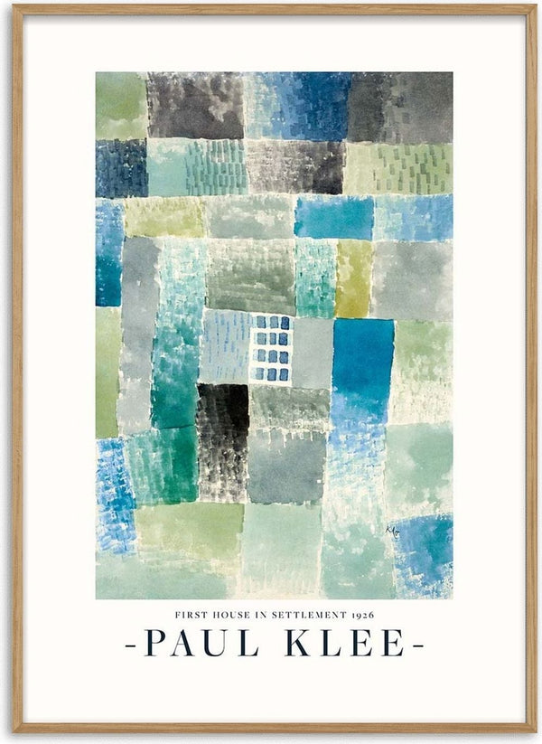 Abstract painting with blue, green, and beige squares; “First House in a Settlement 1926” by Paul Klee.