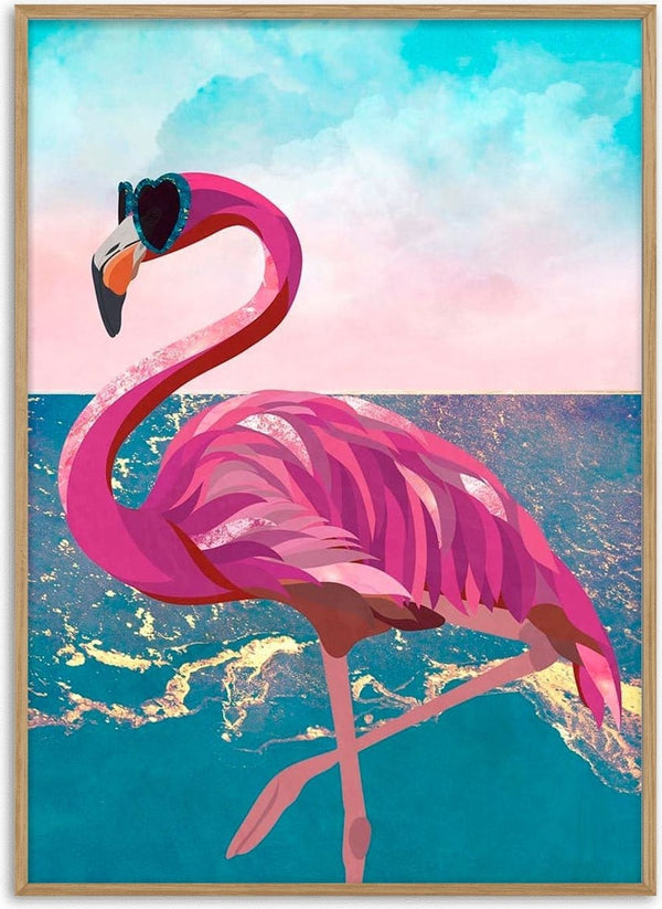 Illustration of a pink flamingo wearing sunglasses, standing by the seaside under a blue sky.