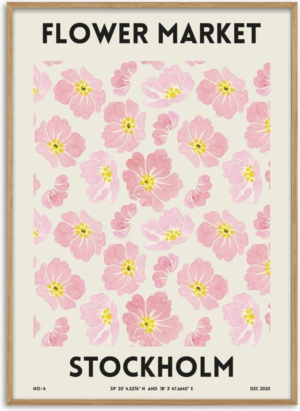 Poster with pink flowers and bold text reading "Flower Market Stockholm" on a cream background.