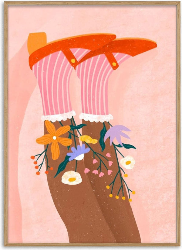 Illustration of legs wearing pink floral socks and red shoes, with colorful flowers emerging from the socks.