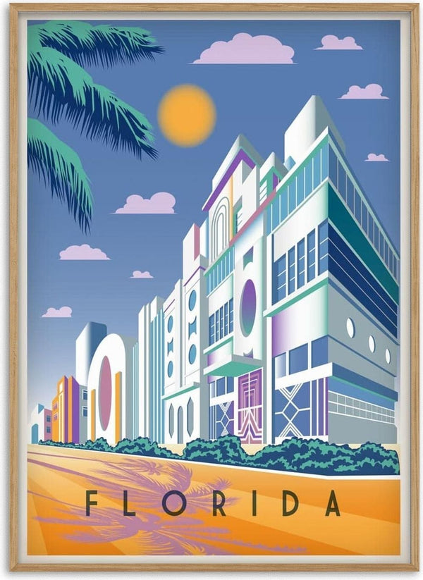 Colorful art deco buildings and palm trees under a sunny sky, with "Florida" written at the bottom.