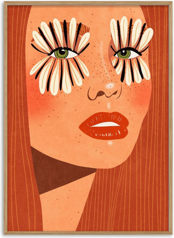 Illustration of a woman with green eyes and daisy petals as eyelashes, from Flower Eyes by Raissa Oltmanns.