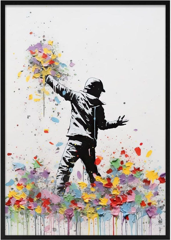 A figure in black and white throws colorful flowers, inspired by Banksy's Flower Thrower artwork.