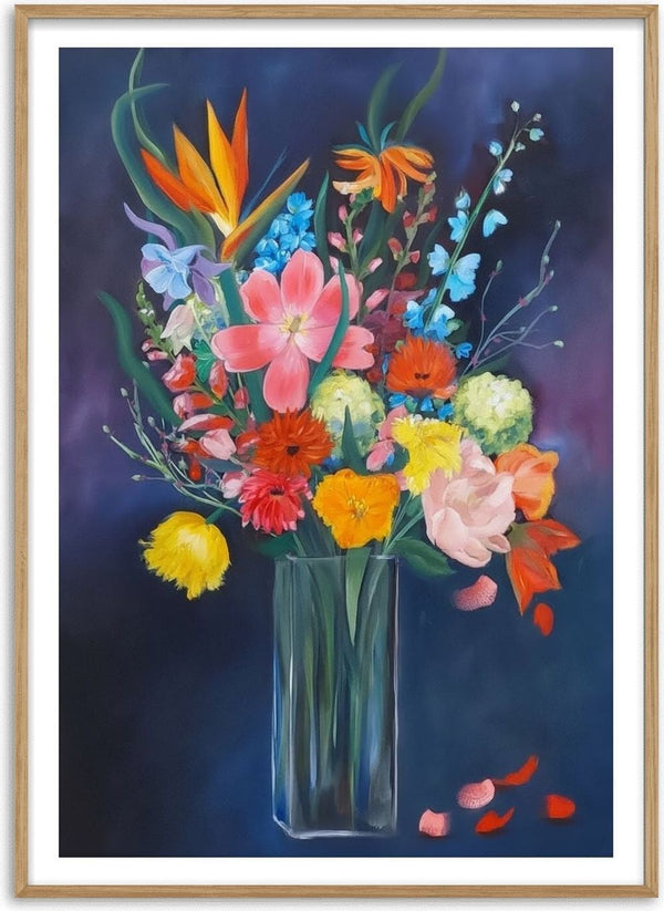 flowerpower! by creatievananne - a bouquet of orange, pink and yellow flowers in a glass vase on blue