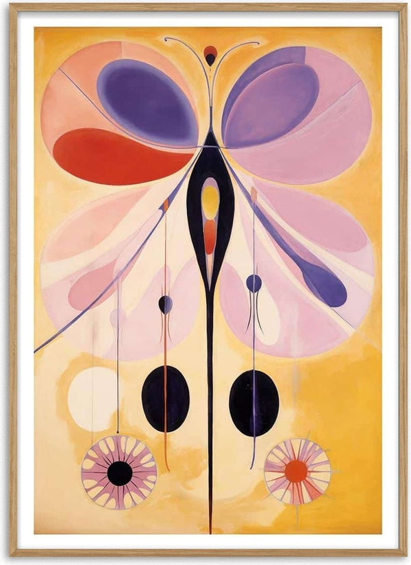 Abstract butterfly artwork in pink, purple, and black on a yellow background for Fly Butterfly - Tara Green.