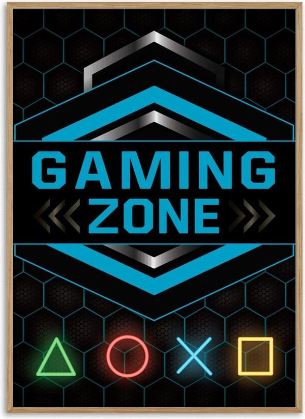 Fortnite Gamer Plakat featuring "Gaming Zone" text with neon geometric shapes on a hexagon background.