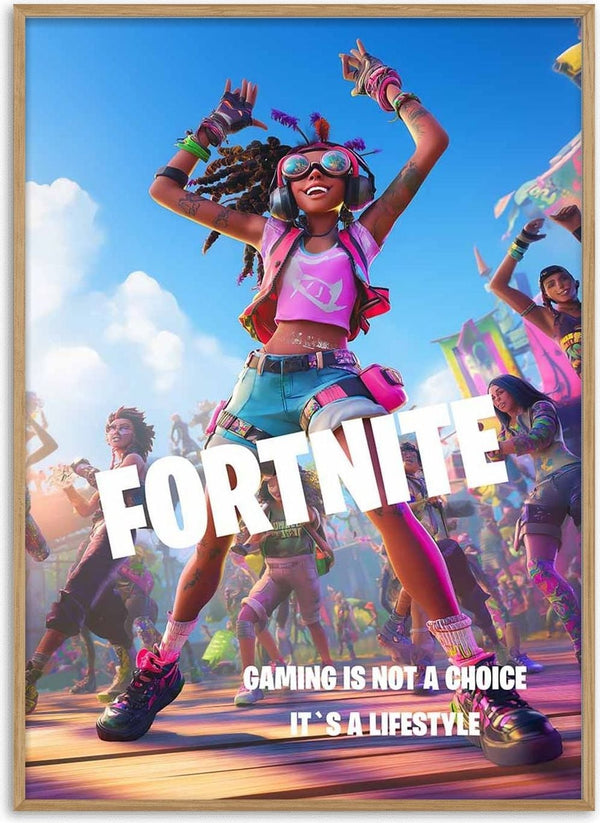 Fortnite poster with a joyful gamer character dancing, vibrant colors, and the text “Gaming is not a choice, it's a lifestyle.”