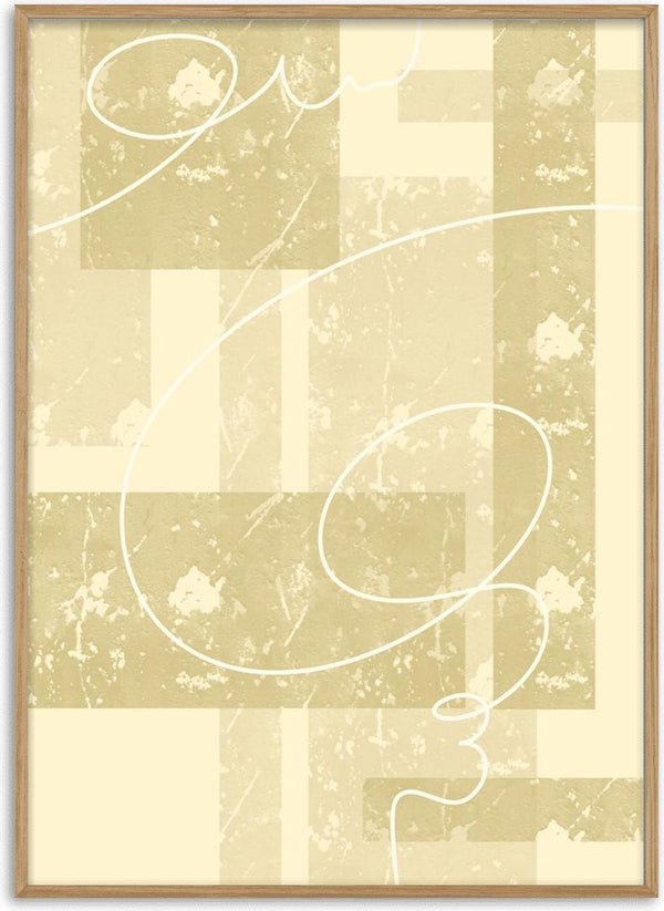 Abstract beige artwork titled "Fragment Path I - Yuli" with geometric shapes and white swirling lines.