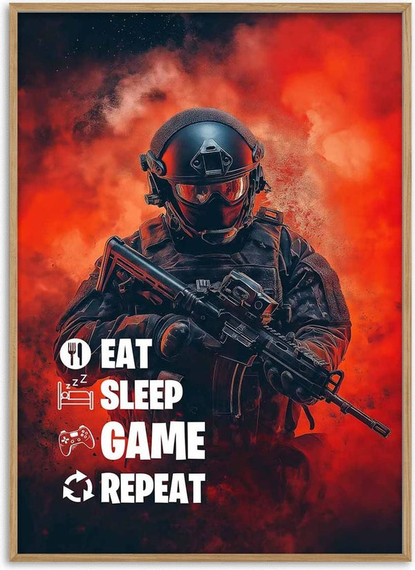 Poster showing a gamer in tactical gear with the text: Eat Sleep Game Repeat, for Game Repeat Plakat product page.