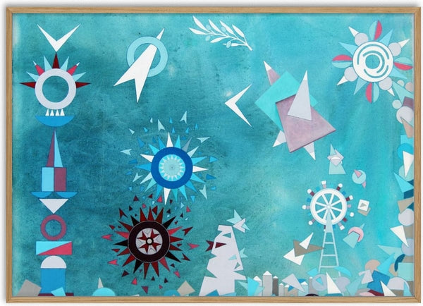 Give Peace a Chance by Andreas Pohle - cut geometric stars and a white olive branch on a turquoise ground