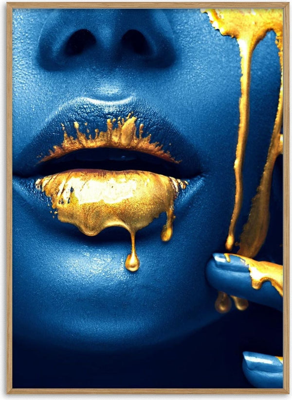 Close-up of golden lips and dripping gold paint on blue-painted skin, fashion art poster.