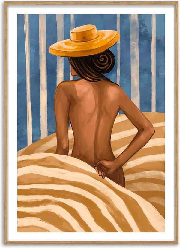 Painting of a woman with a yellow hat, facing away, on striped sand dunes with a blue and white striped background.