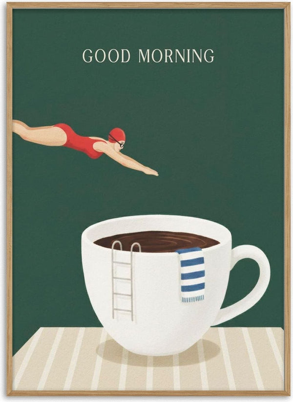 Illustration of a swimmer diving into a giant coffee cup with "Good Morning" text above, for Good Morning Dive product page.
