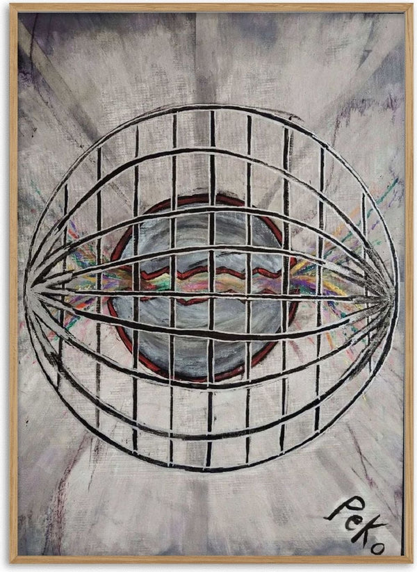 Gravitational collapse by PeKo - a black cage of lines around a grey sphere ringed in dark red