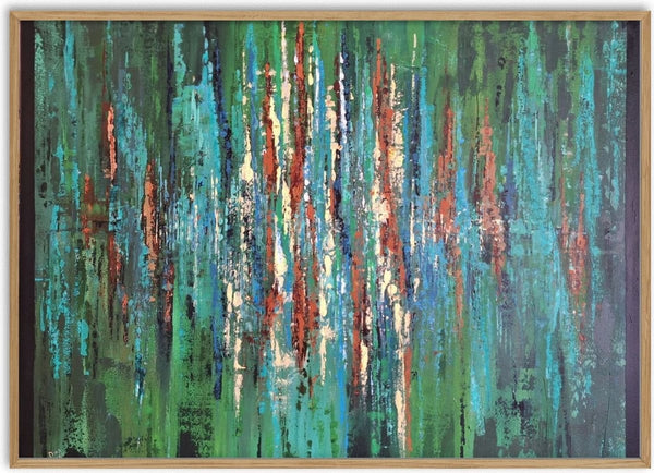 Green abstract 2 by Dina - vertical bands of green, turquoise and teal streaked with cream and red
