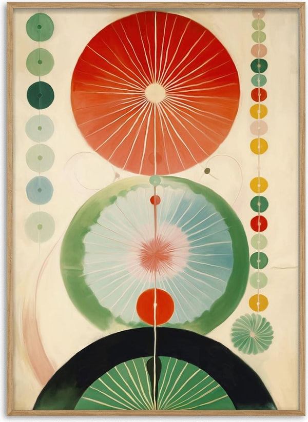 Abstract poster with red, green and deep forest-green circular forms on a warm ivory ground, framed by columns of small coloured dots.