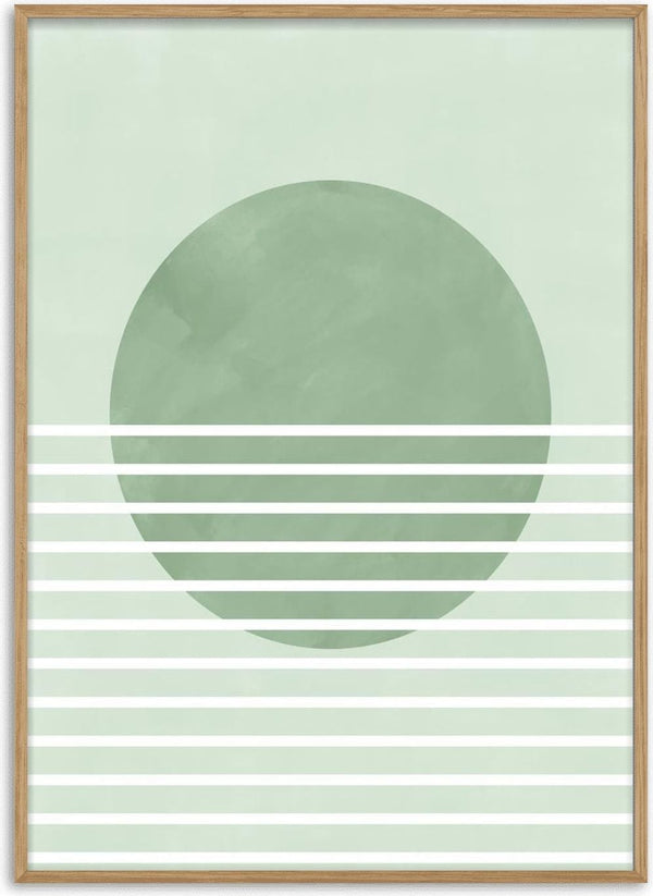 Minimalist art of a green circle with white horizontal lines, representing Green Horizon Lines wall decor.