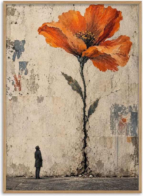 Growing Through Concrete by Matthews Gallerie - a giant orange flower growing from a crack in a concrete wall above a small figure looking up