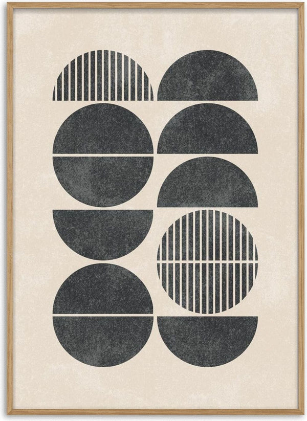 Abstract art print with black half circles and stripes on a light background, featured as the Half Circles Plakat.