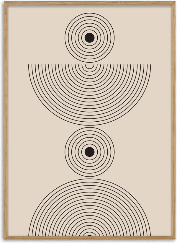 Minimalist poster with concentric circles forming semicircles and full circles on a beige background.