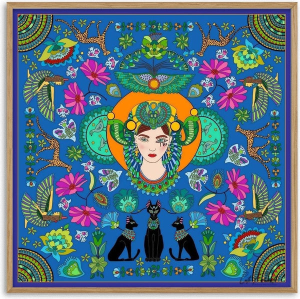 Hatchepsout by Lucrezia Solena - Egyptian queen with a scarab headdress above three black cats on deep blue