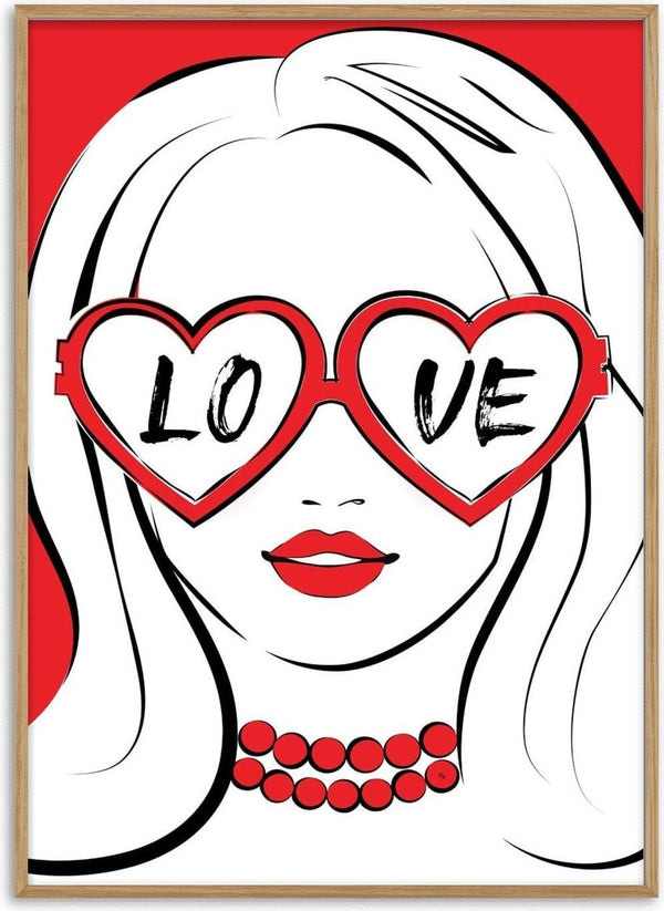 Illustration of a woman wearing heart-shaped "LOVE" glasses, red lipstick, and a red necklace on Heartfelt Vision.