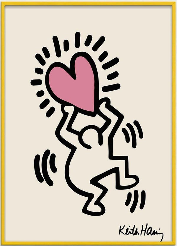 A stylized figure holding a large pink heart above its head, Hearthead artwork by Keith Haring.