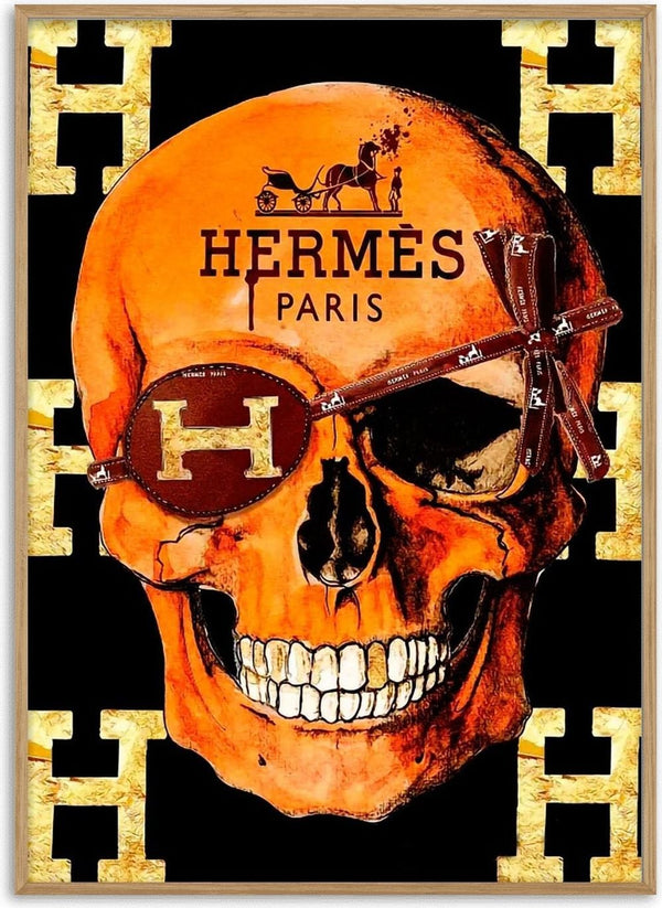 Orange skull with Hermès Paris logo, brown eyepatch, and gold H pattern background for Hermes Skull Plakat.