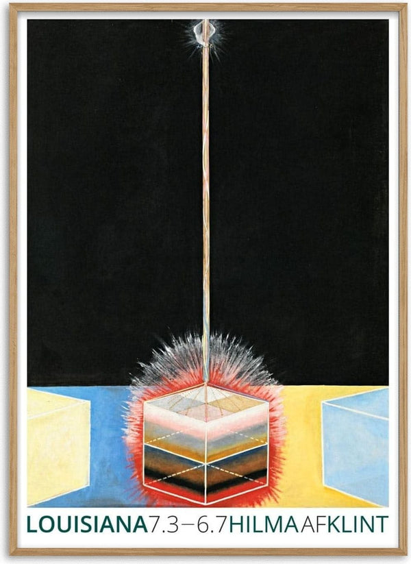 Hilma af Klint Exhibition poster featuring abstract geometric shapes and radiant lines on a dark background.
