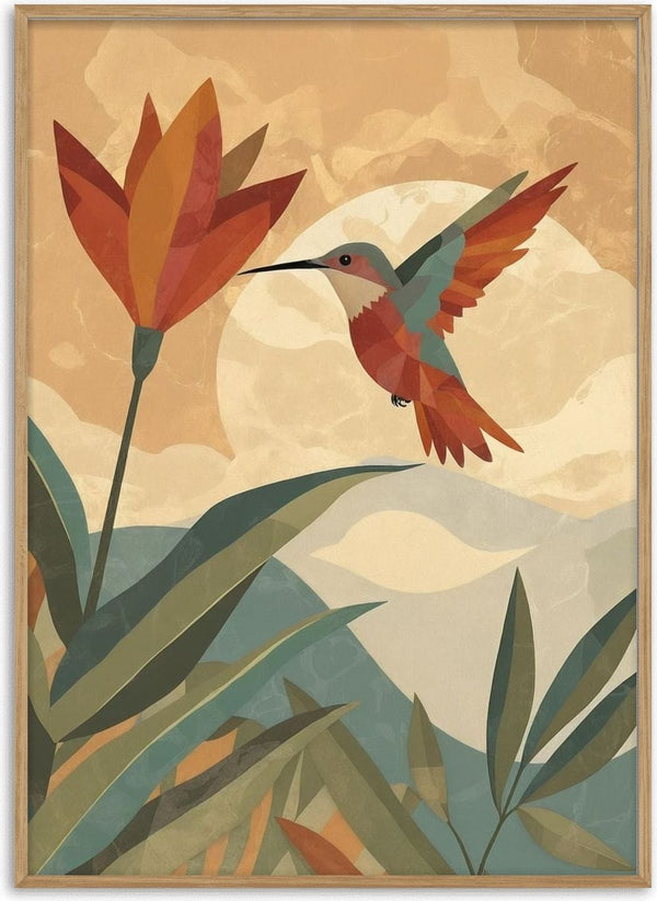 Hummingbird in Motion by ArtySjak - a hummingbird at a red flower before a pale sun