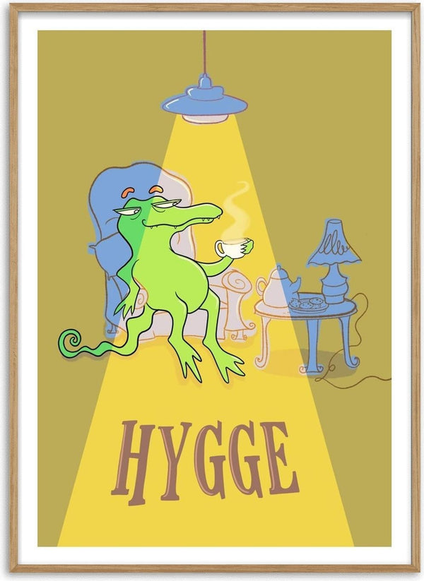 Hygge Crocodile - Yellow by Elisa Albanelli - a crocodile with a cup of tea in an armchair in olive and ochre