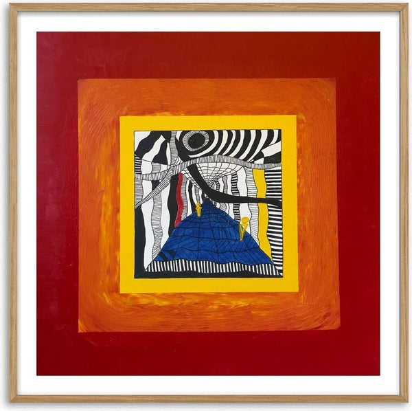 Hypnagogic state by Linor Citaku - a black and white line drawing framed in red, orange and yellow