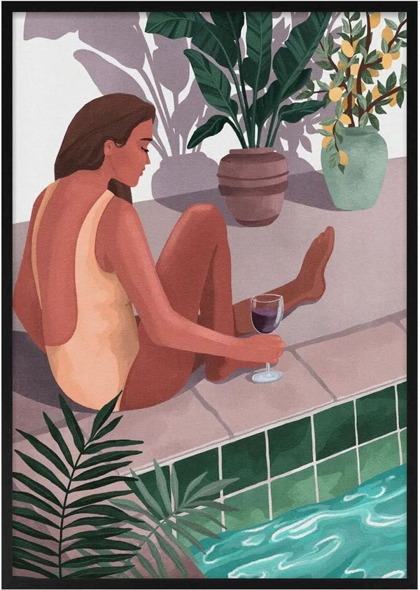 Illustration of a woman in a swimsuit by a poolside, holding wine, with lush plants nearby.
