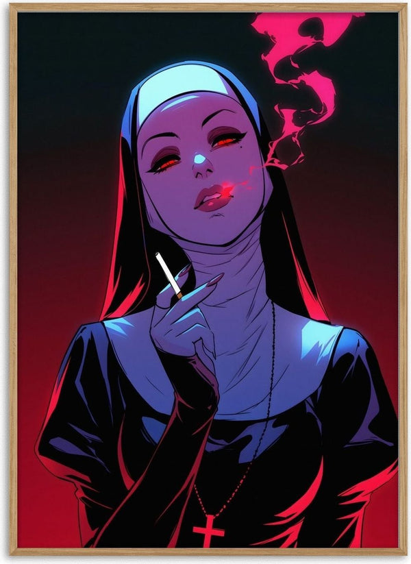 I don't care by Melancholy Machinations - a nun with red eyes smoking, pink smoke forming a skull