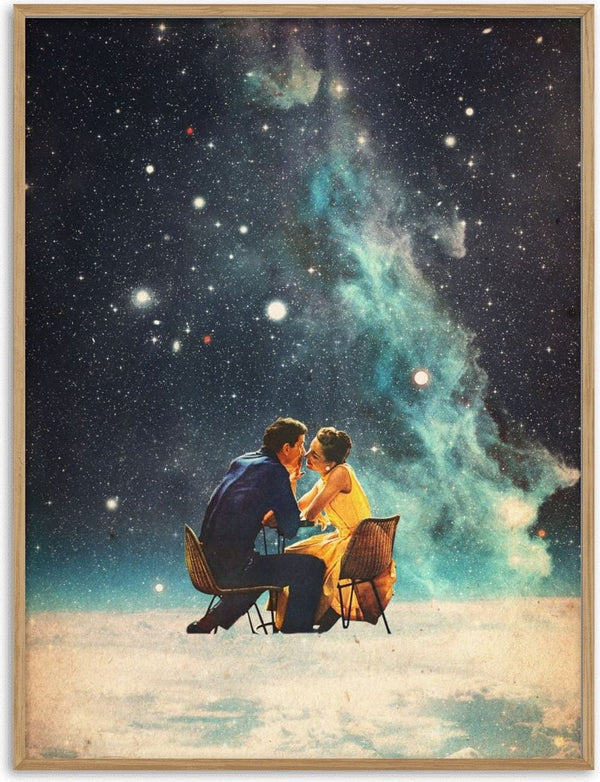 A couple sits at a table under a starry sky in the artwork "I'll Take You To the Stars for a Second Date."