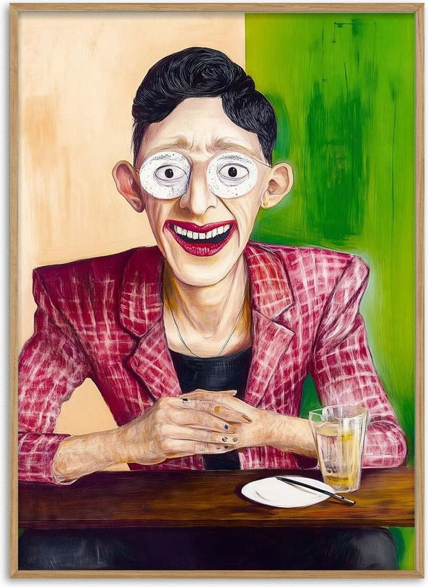 Colorful portrait of a smiling person in a plaid jacket sitting at a table with a drink, from I See You - Martin Zen.