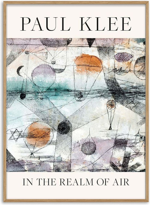 Abstract geometric artwork with circles and lines, muted colors; "Paul Klee In the Realm of Air 1917" displayed.